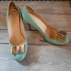 Kate Spade Karolina Seafoam Pastel Green Stylish Pumps Gold Bow High Heels